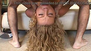 Blonde teen with nice tits performs oral on five men and receives facials