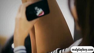 Sexy babe moans as she finger fucks her shaved pussy