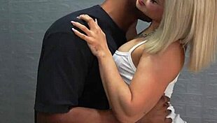 Xiara Dark, dangerous blonde criminal, swallows officer Boris Jackson's big black cock in police office