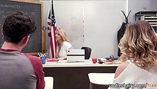 busty blonde teacher rachael cavalli seduces students chanel camryn and nick strokes for threesome dick sucking