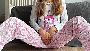 omg, asian teen in pajamas squirts big while masturbating shaved pussy closeup 😍💦