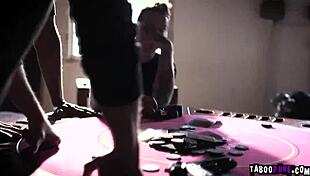 Three men stuff Lena Paul's mouth with big loaded cocks