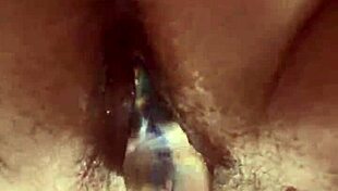 Up close, curvy girl with hairy pussy uses glass dildo for masturbation 😍