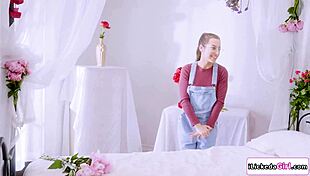 Busty lesbian intensely licks petite model's shaved pussy