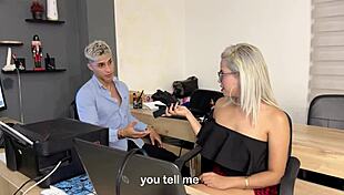 Hot secretary fucks co-worker in office and cums on glasses