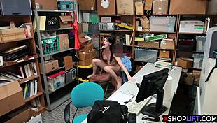 Shoplifting Teen's Hairy Pussy Caught and Fucked by Mall Cop in Backroom