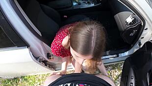 seduced driver with sloppy blowjob swallowing every drop in public pov