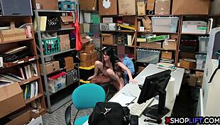 Shoplifting Teen's Hairy Pussy Caught and Fucked by Mall Cop in Backroom