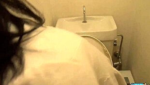 Sneaking into the Bathroom with the Asian Ends with Her Sucking Cock and Tasting Cum
