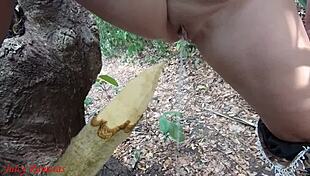 i'm a perverted slut squirting piss from a wooden stake in the forest