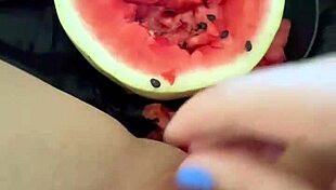 I can't believe how many orgasms she gets from that watermelon in her tight pussy!