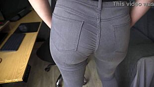 Amateur milf teases perfect ass in tight jeans, 'look at this!' panties line