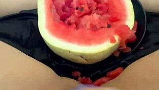 I can't believe how many orgasms she gets from that watermelon in her tight pussy!