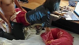 french amateur doggystyle fuck in satin lingerie clothed with blowjob rimjob