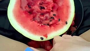 I can't believe how many orgasms she gets from that watermelon in her tight pussy!