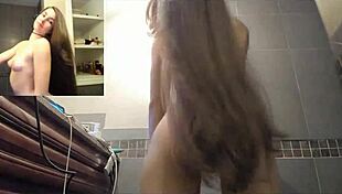 sexy brunette brushing and blowdry long hair