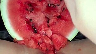 I can't believe how many orgasms she gets from that watermelon in her tight pussy!