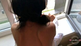 Skinny petite brunette gets fucked in front of neighbors