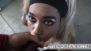 blonde asian step sister gives sloppy blowjob on knees in public