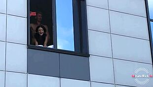 Skinny petite brunette gets fucked in front of neighbors