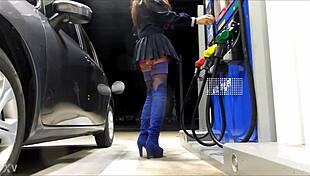 crossdresser teases in mini skirt at gas station