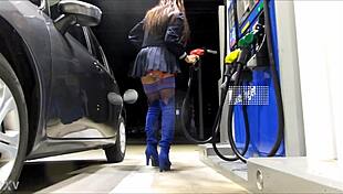 crossdresser teases in mini skirt at gas station