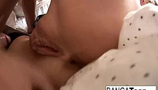 brunette teen in lingerie gets double teamed by two dicks 😍