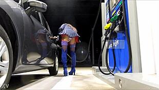crossdresser teases in mini skirt at gas station