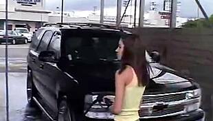 chloe 18 car wash and fingering her shaved pussy inside