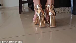 very sexy white woman with golden heels gets fucked