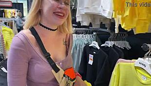 Cute Girlfriend Delivers POV Blowjob in Public Changing Booth