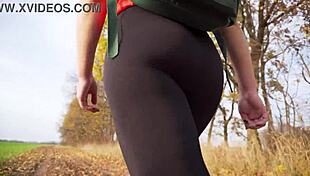 milf in black tights walks and teases her nice butt in spandex leggings