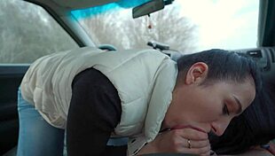 Brunette College Beauty Sucks Off Boyfriend in Car POV