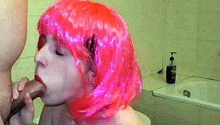 Sexy miss pink casually kneels down in the bedroom for an intense cock sucking session with her partner.