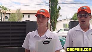 two horny technicians caught snooping and punished by busty milf 😈