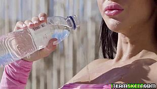 Stunning brunette sucks the stud's big cock and gets fucked hard