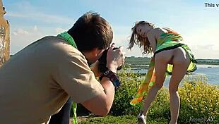 Spunky 18+ Teen Model Strips Naked Outdoors in Miniskirt Photoshoot Golden Temptation