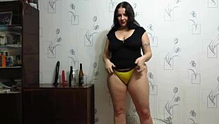 chubby milf shoves bottle in shaved pussy shakes big ass boobs