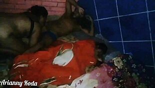 Chubby Brazilian amateur slut rides Leo Ogro's monster cock next to her aunt, tits bouncing wildly.