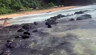 Stranger feeds my cum to fish on the beach in public