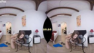 busty babe drenches herself in golden piss wearing heels