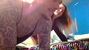 Tattooed slut bends over for doggystyle pounding