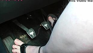 german girl drives barefoot in flip flops showing feet and toes naked in car