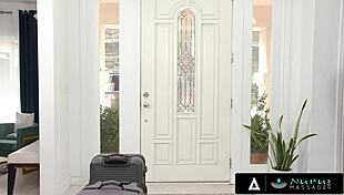 Foreign student gets oiled nuru massage from hot Canadian roommate then fucks her hard