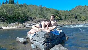 Hot couple risks it all fucking on crowded beach then bus with massive double cumshots