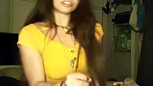 petite brunette slips into stockings for solo dildo play after teasing night out