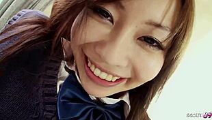 Petite Japanese teen bushy pussy picked up for uncensored POV defloration creampie rough ride