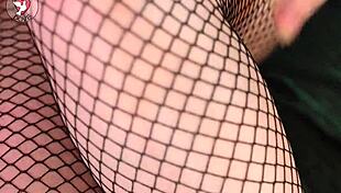 fishnets ripped open for deep thrusts into her tight shaved pussy lips