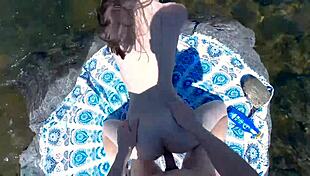 Hot couple risks it all fucking on crowded beach then bus with massive double cumshots