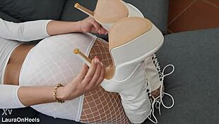 Milf's perfect ass shines in fishnets high heels and sexy boots tease